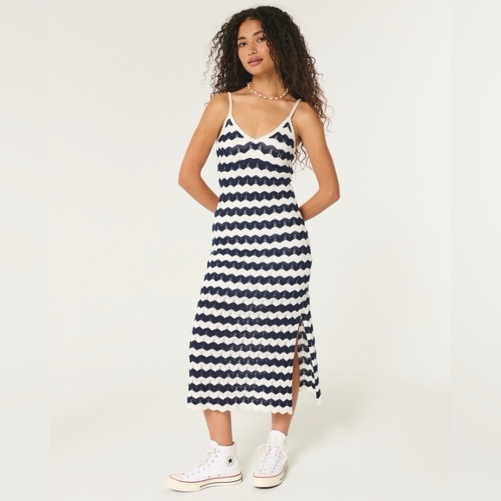 Hollister Navy and White Crochet Midi Dress Size Small